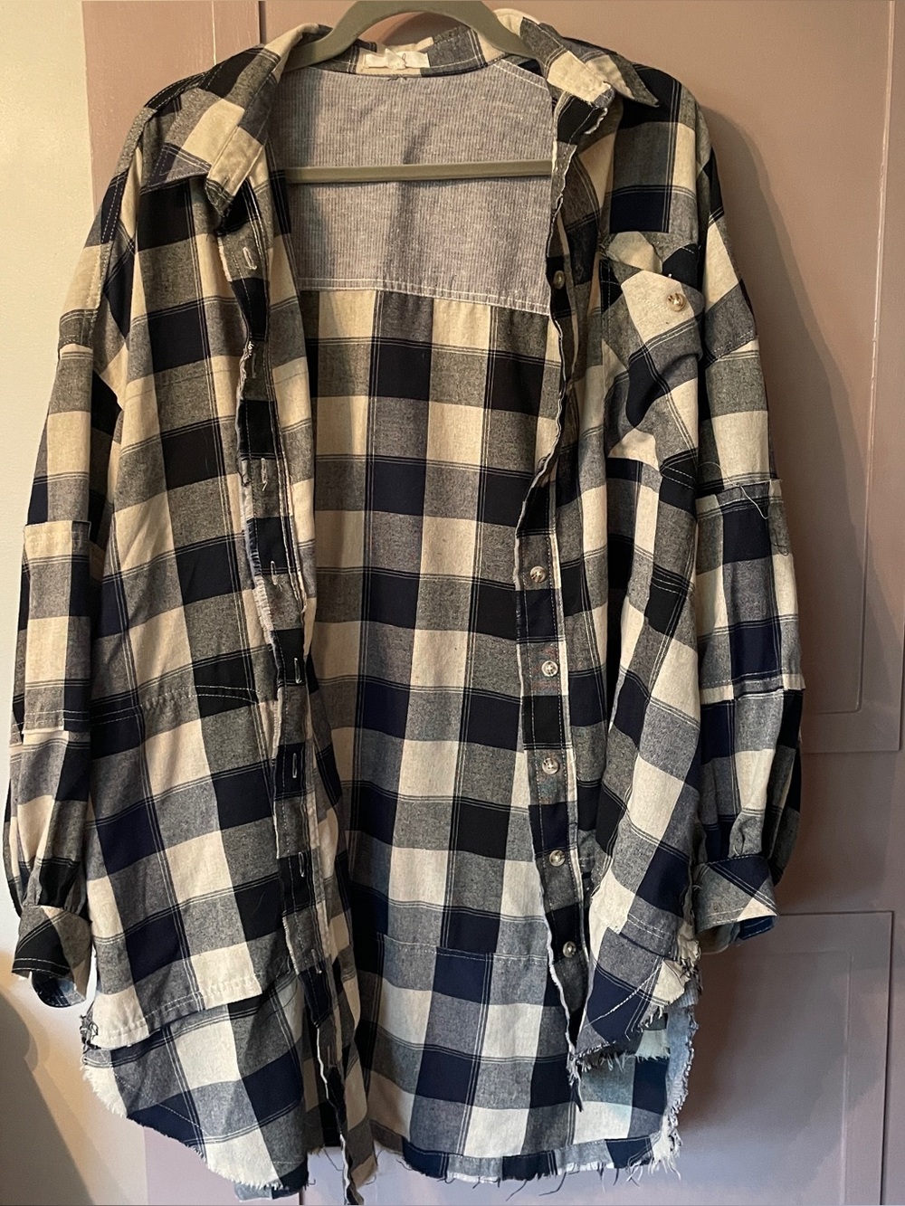 Oversized Navy & Cream Plaid Button-Up Shirt